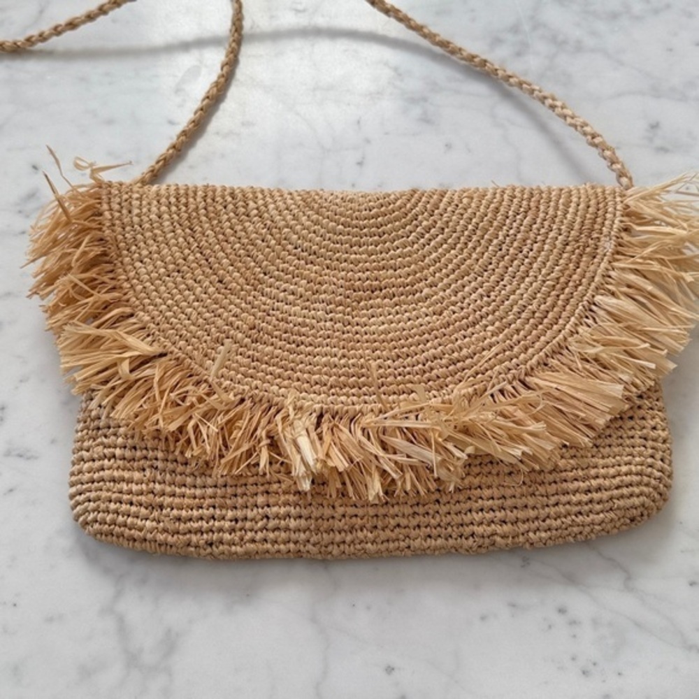 Mar Y Sol Raffia Crossbody Bag Tan Woven Fringe Straw Boho Beach